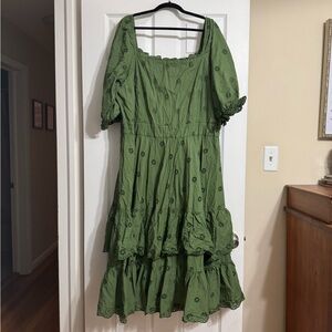 JessaKae Green Eyelet Tiered Midi Dress with Puff Sleeves